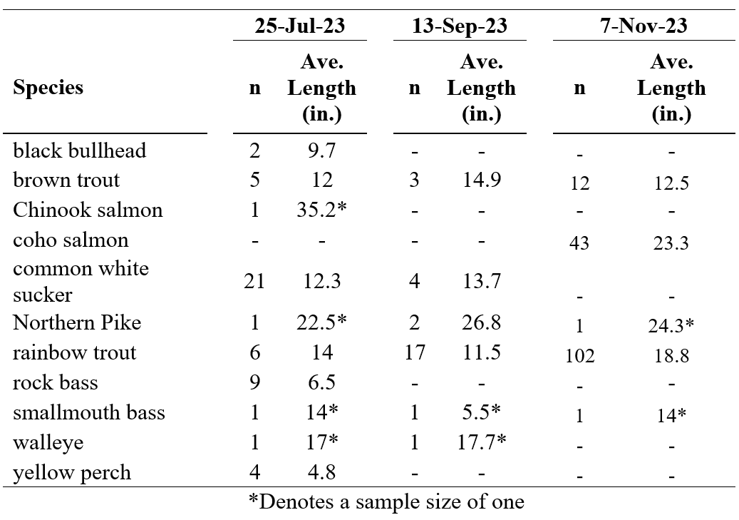 Table showing average length and number of fish sampled