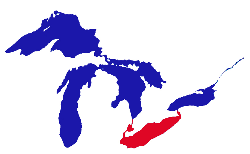 Silhouette of the great lakes with lake Erie in red.