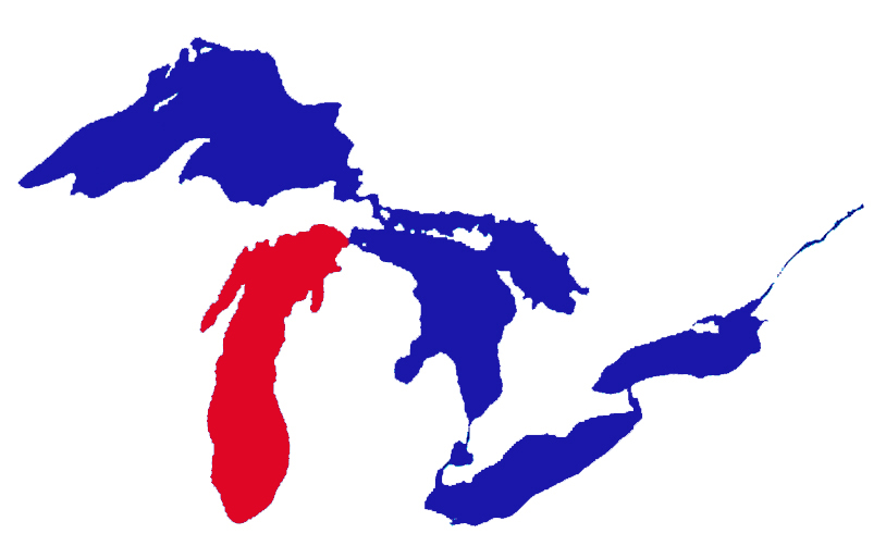 Silhouettes of the Great Lakes, Lake Michigan is in red the others are in blue